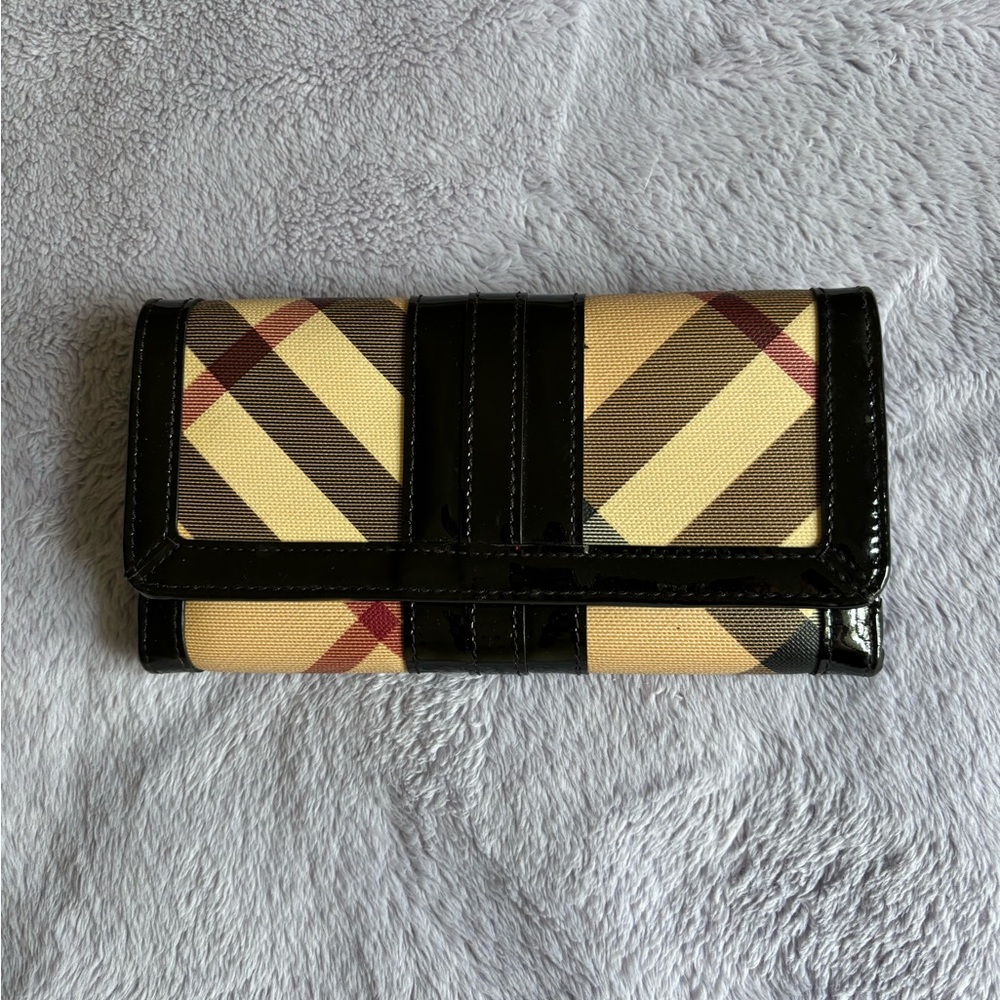 Burberry Yellow Plaid Wallet with Black Patent Trim